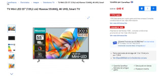 Televisión 55 pulgadas Hisense 55U6KQ Smart TV 4K por 649€ + cupón 97,35€ Carrefour y Amazon