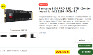 Samsung 9100 PRO 2TB M.2 SSD zonder heatsink voor €224,90 bij Proshop