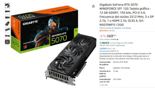 Tarjeta Gráfica Gigabyte GeForce RTX 5070 WINDFORCE SFF 12GB GDDR7 Reflex 2 RTX AI DLSS4 por 569,95€