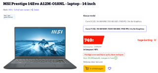 MSI Prestige 14Evo A12M-018NL voor €749 bij Bol.com