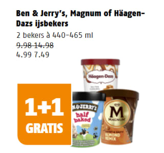 1+1 gratis op Ben & Jerry, Magum en Häagen-Dazs bij Poiesz-supermarkten