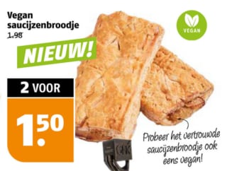 Vegan Saucijzenbroodje 2 voor €1,50 bij Poiesz