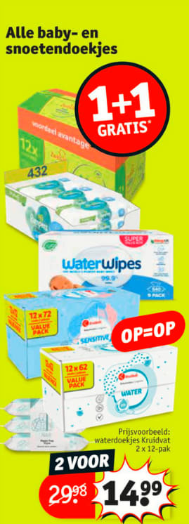 Alle baby-en snoetendoekjes 1+1 gratis bij Kruidvat