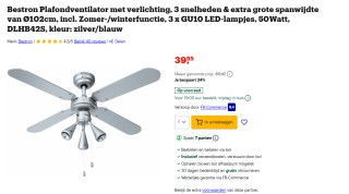Bestron DLHB42S Plafondventilator met verlichting voor €39,95 bij Bol