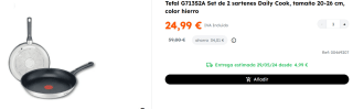 Set de sartenes - Tefal Daily Cook, 2 sartenes, 20 y 26 cm, Antiadherentes, Acero inoxidable por 24.99€