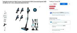 Aspirador Escoba sin Cable Cecotec Conga Rockstar 9500 Connected Ergowet 3000 IA por 199€