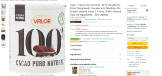 2x Valor Cacao Puro Natural 100 % Soluble En Polvo Desgrasado 250gr por 5.68€