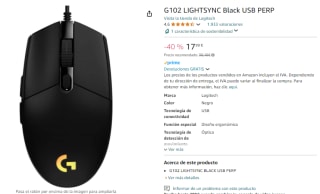 Logitech G G102 LightSync Ratón Gaming 8000DPI por 17,99€