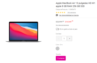 MacBook Air 13" HD M1 8GB 256GB SSD por $14,949 en Liverpool