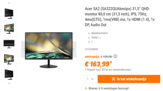 Acer SA2 (SA322QUAbmiipx) 31,5" QHD-monitor voor €163,99 bij NBB