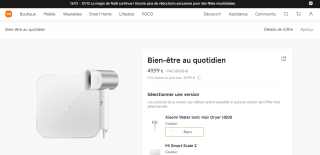 Pack Xiaomi Dryer H500 Blanc + 1 Mi Smart Scale Mi Smart Scale 2 à 49,99€