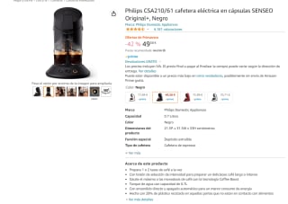 Cafetera eléctrica marca Philips midelo CSA210/61 en color negro por 49,58€