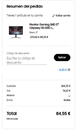 Monitor Gaming QHD 27" Odyssey G5 G51C LS27CG510EUXEN por 84,55€