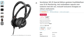 Sennheiser HD 25 Special Edition gesloten hoofdtelefoon voor €149 met Amazon Prime