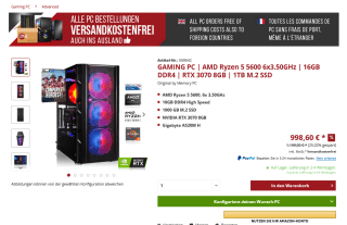 PC Gaming RTX 3070 Ryzen 5 5600 SSD 1TB 16GB RAM por 998,60€