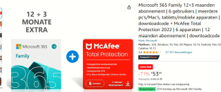 Microsoft 365 Family (15maanden) + McAfee abonnement (12mmaanden) voor 6 apparaten voor €53,99 bij Amazon