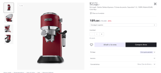 Cafetera Espresso, 15 bares de presión, Capacidad 1,1L, marca De'Longhi -color rojo por 174€