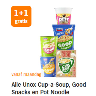 1+1 gratis op Alle Unox Cup-a-Soup, Good Snacks en Pot Noodle bij de AH
