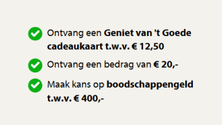 €20 cashback + € 12,50 Geniet van 't Goede cadeau kaart AH bij meespelen Postcode loterij