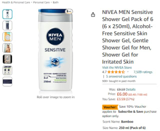 Acquire 6 packs of Nivea Men sensitive shower gel at Amazon for £6