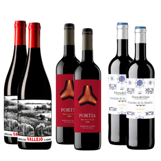 2 botellas de Vallejo 2021. Bodega Bela. D.O. Ribera del Duero + 2 botellas de Portia Selección de Familia 2023. B. Portia. D.O. Ribera del Duero. + 2 botellas de Dominio de la Abadesa crianza 2021. B. Rippa Dorii. D.O. Ribera del Duero por 37.5€