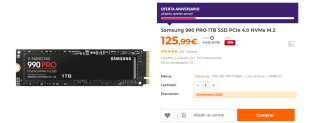Disco duro interno Samsung 990 PRO 1TB SSD PCIe 4.0 NVMe M.2 por 125.99€