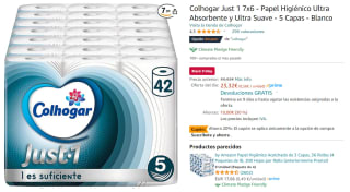 Pack 7 x 6 Unidades de Colhogar Just 1 - Papel Higiénico Ultra Absorbente y Ultra Suave - 5 Capas por 16.33€