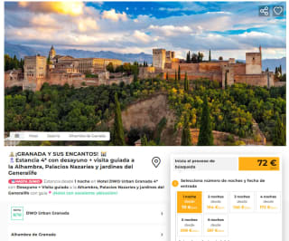 Granada Noche hotel 4* + desayuno + visita guiada Alhambra y Jardines Generalife desde 72€