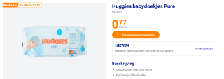 Huggies Pure Babydoekjes 99% water 56 stuks voor €0,77 bij de Action