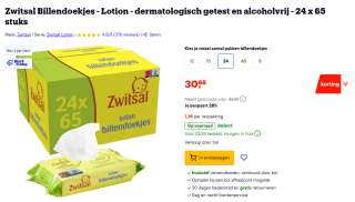 24x 65 stuks Zwitsal Billendoekjes voor €30,68 bij Bol