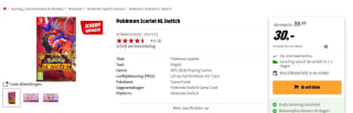 Nintendo Switch Pokemon Scarlet voor €30 bij de MediaMarkt in België