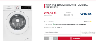 Lavadora Winia 9KG 1200RPM por 259€