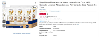 Pack 6 Dove Crema Hidratante de Manos con Aceite de Coco 100% Natural y Leche de Almendras 75 ml por 12,29€