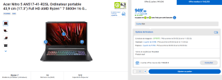 PC Portable 17.3" Acer Nitro 5 AN517-41-R2SL - FHD 144 Hz, Ryzen 7 5800H, RAM 16 Go, SSD 512 Go, RTX 3070 (85W), WiFi 6, Windows 11 à 949€