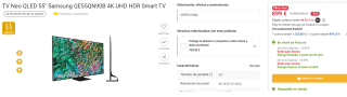 Television QLED 55" - Samsung QE55QN90BATXXC, Neo QLED 4K, Procesador Neo QLED 4K con IA, Smart TV por 899€
