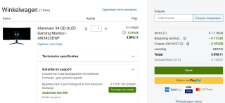 Dell AW3423DWF 86,8 cm (34.2") 3440 x 1440 Pixels UltraWide voor €899,11 dmv code bij Dell