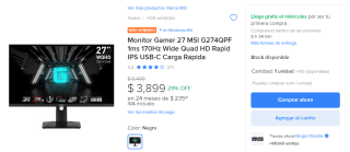 Monitor 27" MSI G274QPF 170Hz con descuento en Mercado Libre