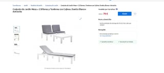 Conjunto de Jardín Mesa + 2 Sillones y Tumbona con Cojines. Duetto Blanco- Antracita por 59€