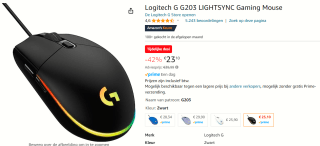 Logitech G203 LIGHTSYNC - Gaming Muis - Zwart voor €23,10 bij Amazon