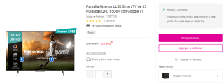 Pantalla Hisense 65" 65U6H por $12,999 en Liverpool
