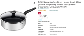 Tefal Primary hapjespan/stoofpan 24 cm + glazen deksel voor €33,54 bij Amazon