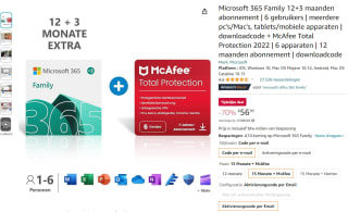 Microsoft 365 Family (15m) + McAfee abonnement (12m) voor 6 personen voor €56,99