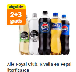 Alle Royal Club, Rivella en Pepsi literflessen 2+3 gratis bij de AH