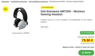 Alienware AW720H Headset Bedraad en draadloos voor €79,90 bij Proshop