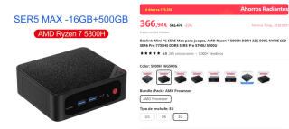 Mini PC SER5 Max, AMD Ryzen 7 5800H DDR4 16G 500G NVME SSD por 278,46€