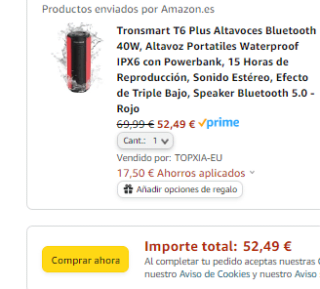 Tronsmart T6 Plus Altavoz Bluetooth 5.0 40W, Waterproof IPX6 con Powerbank por 52,49€