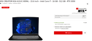 MSI Creator M16 A12UC-009NL laptop voor €1073,49 bij de Mediamarkt