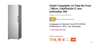 Congelador Vertical- LG GFT41PZGSZ, No-Frost, 1.85 metros, 324L, Inox por 719.78€