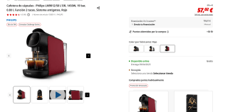 Cafetera de cápsulas Philips LM9012/50 L'OR, 1450W, 19 bar, 0.80 l, Función 2 tazas, Sistema antigoteo por 57,02€