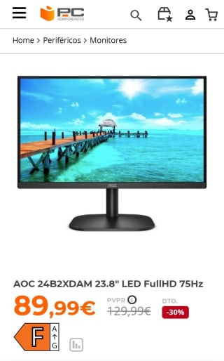Monitor AOC 24B2XDAM 23.8" LED FullHD 75Hz por 89,99€.